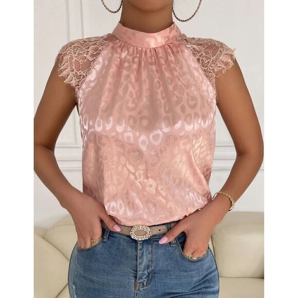 Leopard Elegant Dusty Pink Contrast Lace Satin Blouse - Picture 5 of 6